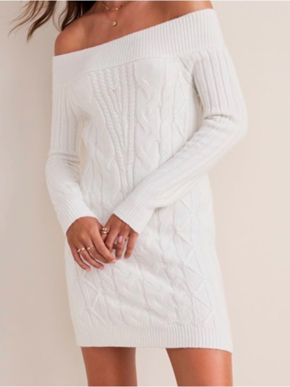 Francesca's White Off the Shoulder Cable Knit Sweater Dress - XL